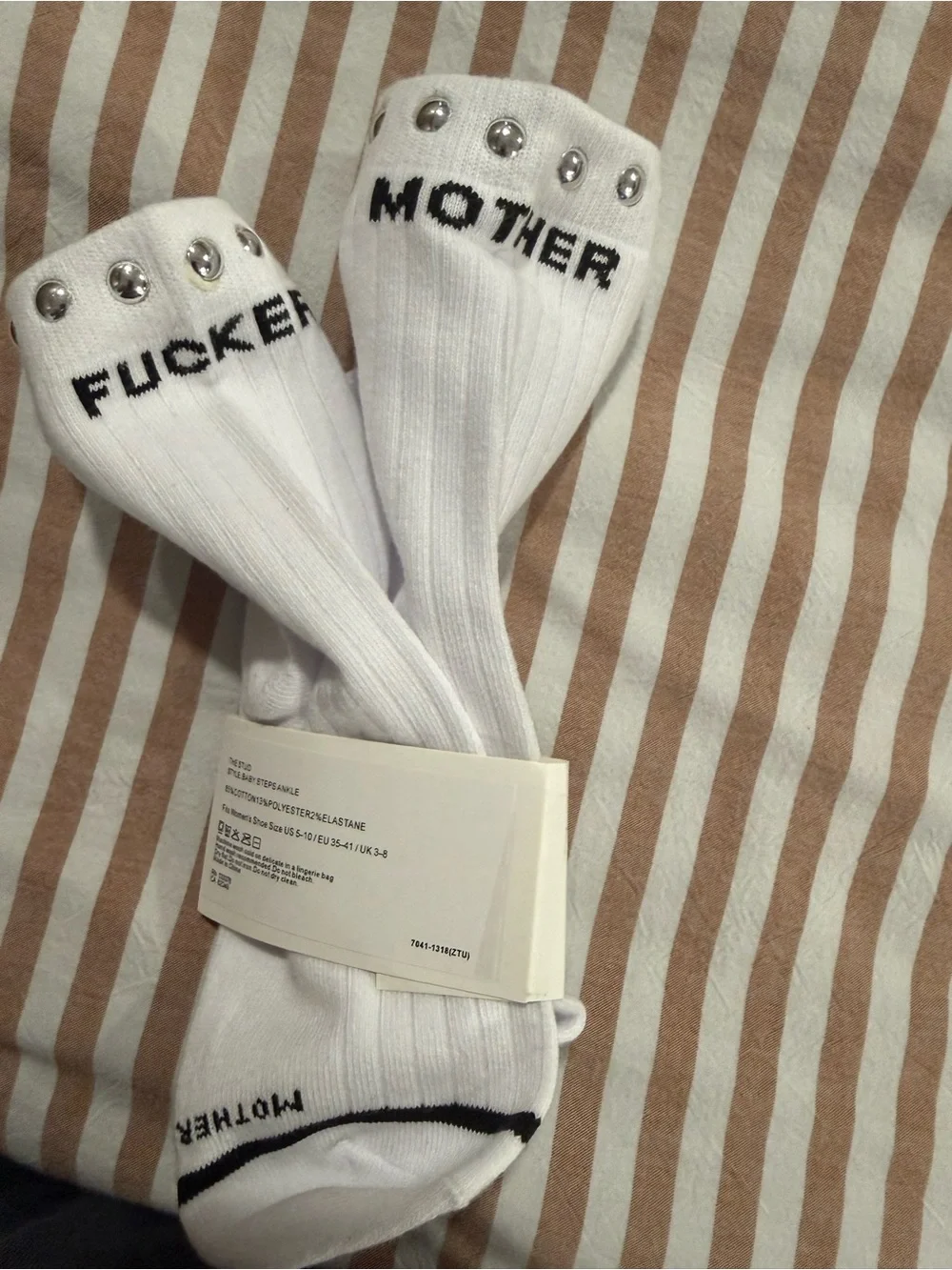 MOTHER White Ankle Socks with Silver Studs and Black Stripe